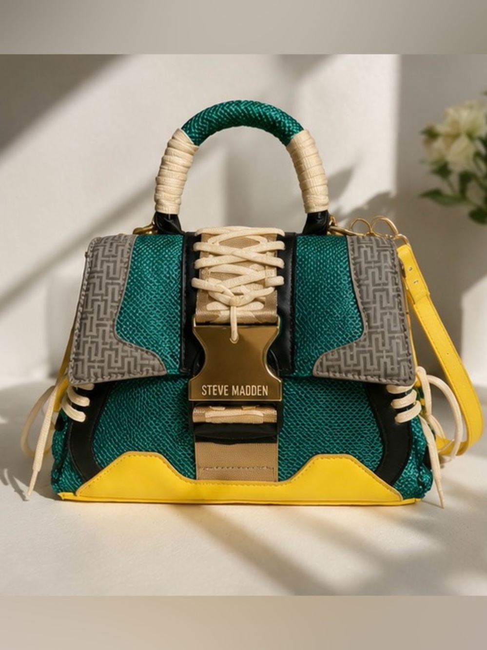 Steve Madden Green, Yellow & Cream Mixed-Material Top-Handle Satchel